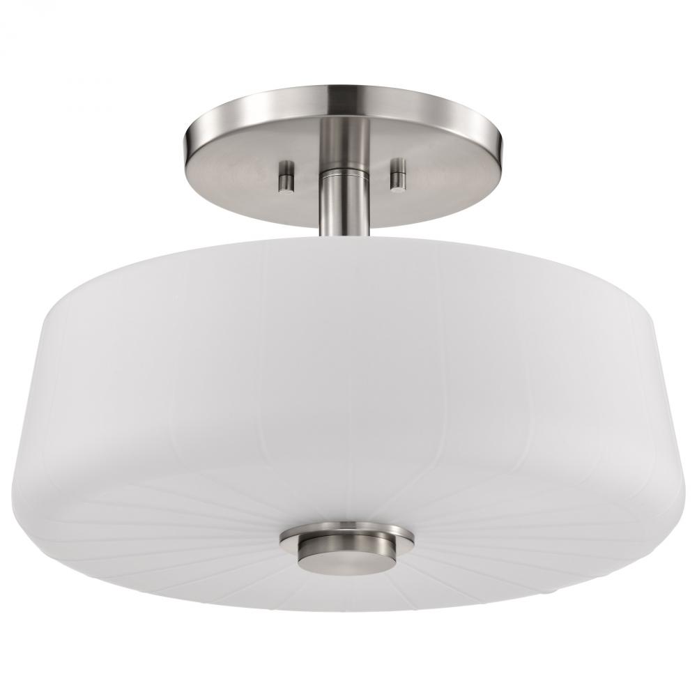 Lune; 3 Light Semi-Flush; Brushed Nickel Finish; Etched White Glass